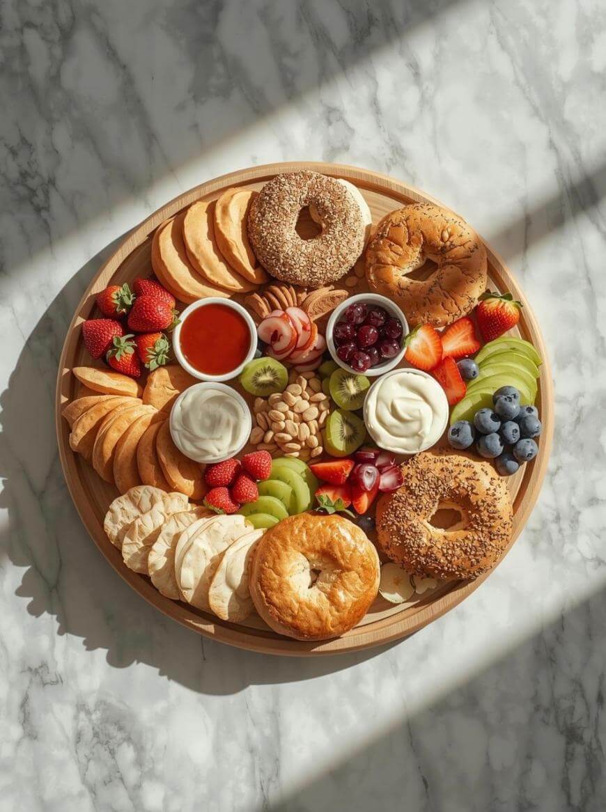 A round wooden platter with bagels, crackers, strawberries, blueberries, sliced kiwi, grapes, nuts, and small bowls of cream cheese and jam, arranged neatly on a marble surface in natural sunlight.