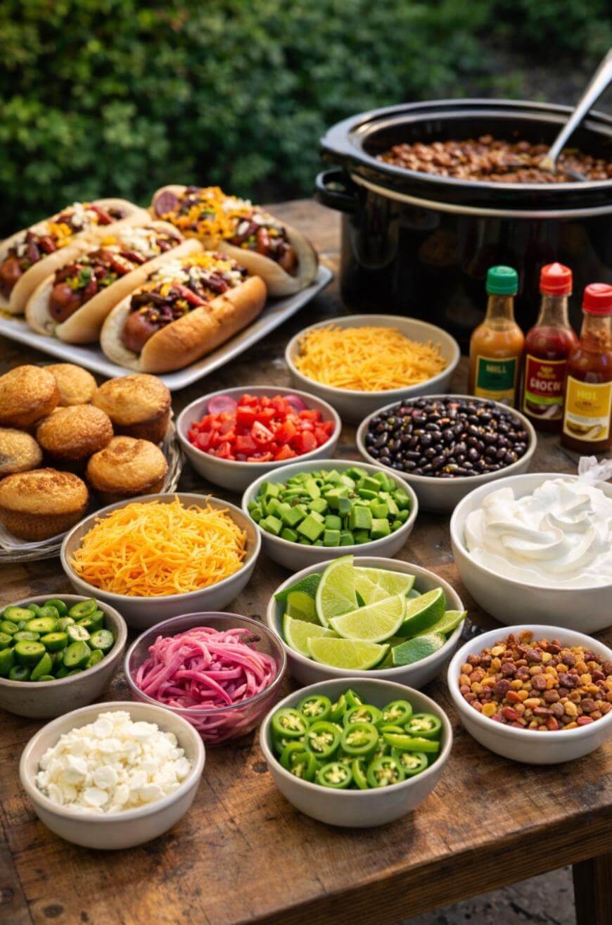 A wooden table with bowls of chili toppings like shredded cheese, jalapeños, black beans, tomatoes, sour cream, limes, and pickled onions, plus cornbread muffins, hot dogs with chili, sauces, and a slow cooker of chili.