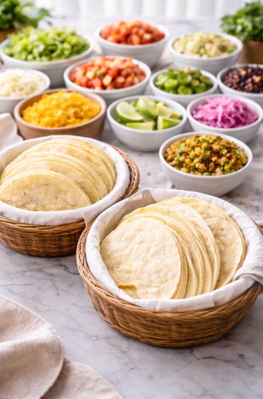 Two baskets of corn tortillas sit on a marble counter, surrounded by bowls filled with various taco toppings, including chopped vegetables, limes, salsa, beans, pickled onions, and shredded cheese.