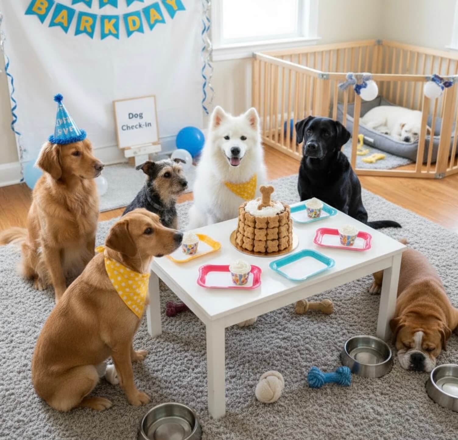 Five dogs sit around a table with a bone-shaped cake and dog treats, wearing party hats and bandanas. A banner reading Barkday hangs behind them. Another dog rests in a playpen in the background.
