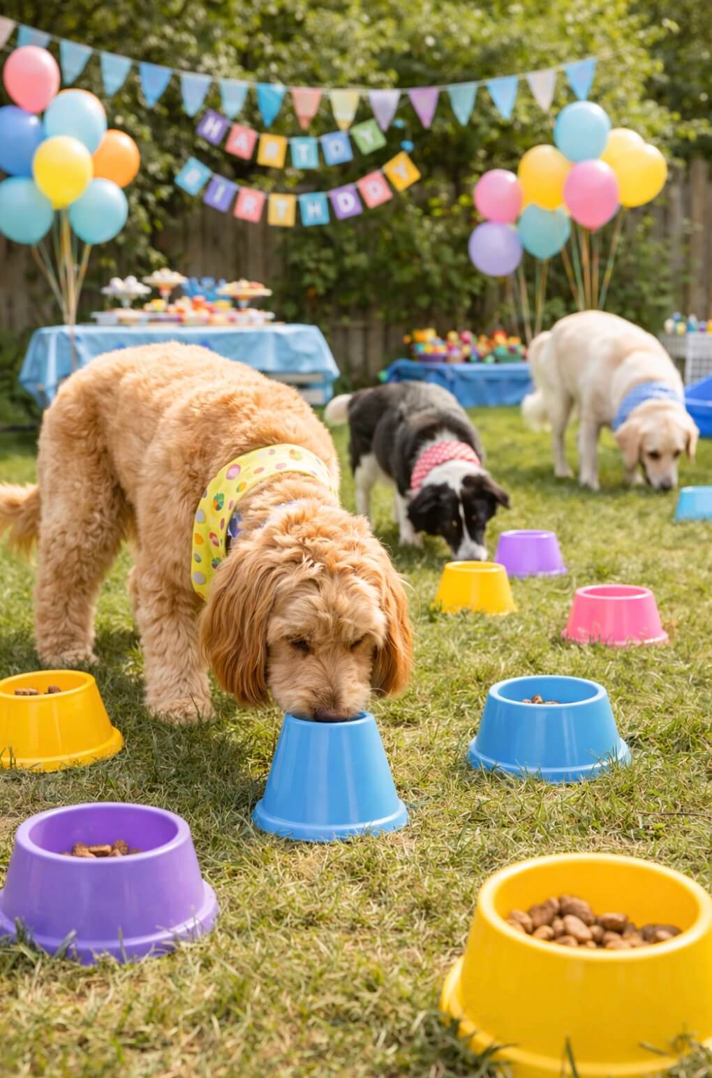 Three dogs eat from colorful bowls at an outdoor birthday party. Balloons, a banner, and decorated tables are visible in the background, creating a festive atmosphere.