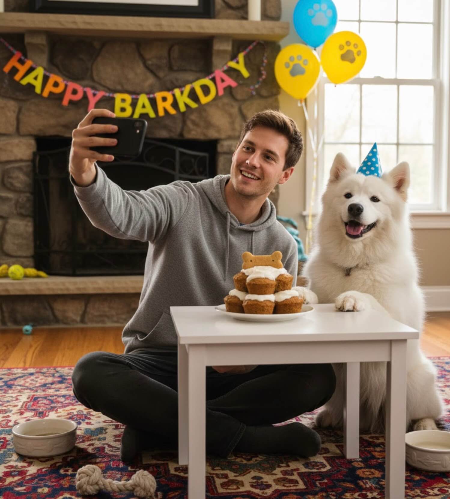 A man and a fluffy white dog wearing a party hat take a selfie together. They sit by a table with a dog-friendly birthday cake. Happy Barkday and paw print balloons decorate the cozy room.