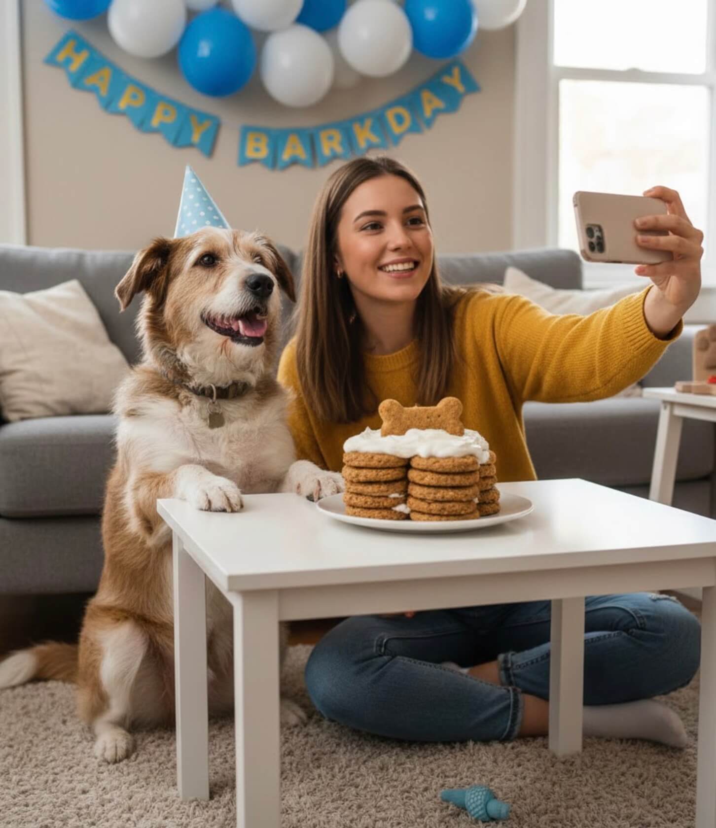 A woman in a yellow sweater and a dog wearing a party hat take a selfie together, sitting by a table with a dog-friendly cake. Balloons and a Happy Barkday banner decorate the room for the dogs birthday.