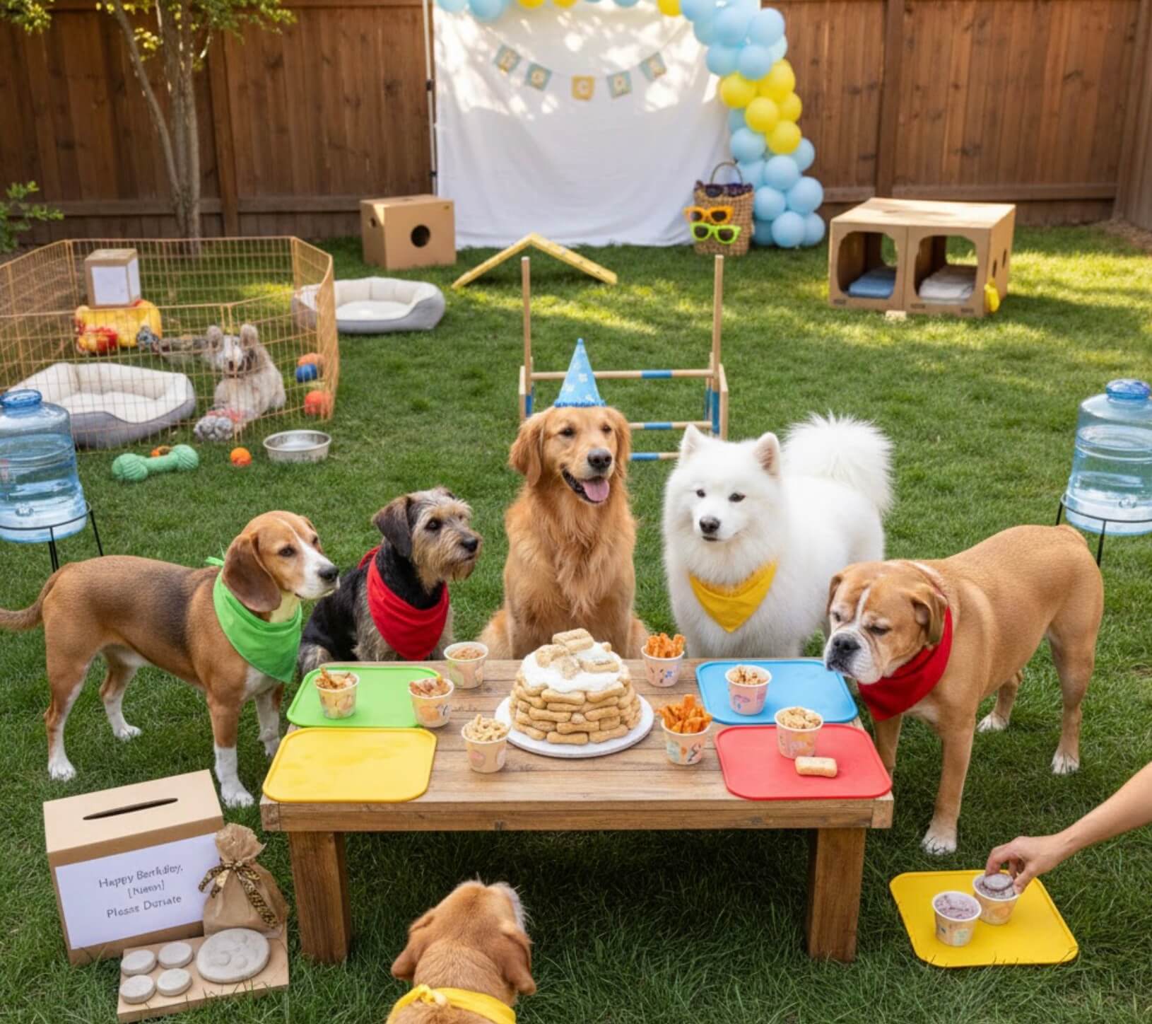 Six dogs, some wearing colorful bandanas, sit and stand around a table with dog treats and a cake in a backyard decorated for a party. Dog toys, balloons, and playpens are visible in the background.