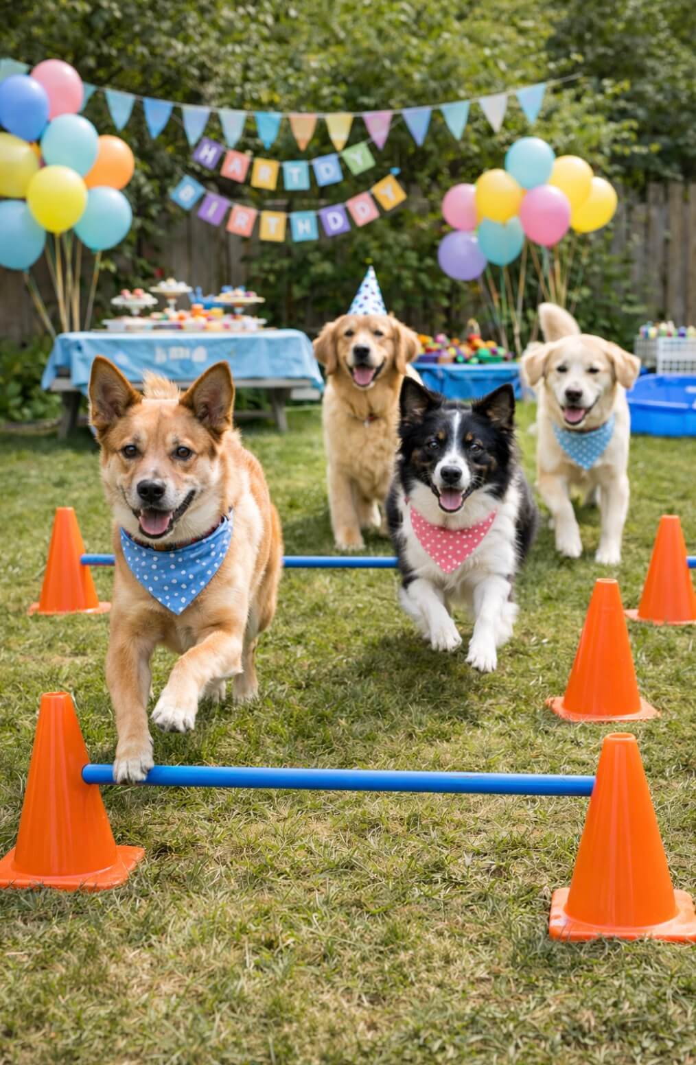 Four happy dogs wearing bandanas and party hats run through an obstacle course with orange cones and blue poles at a colorful outdoor birthday party, with balloons and a “Happy Birthday” banner in the background.