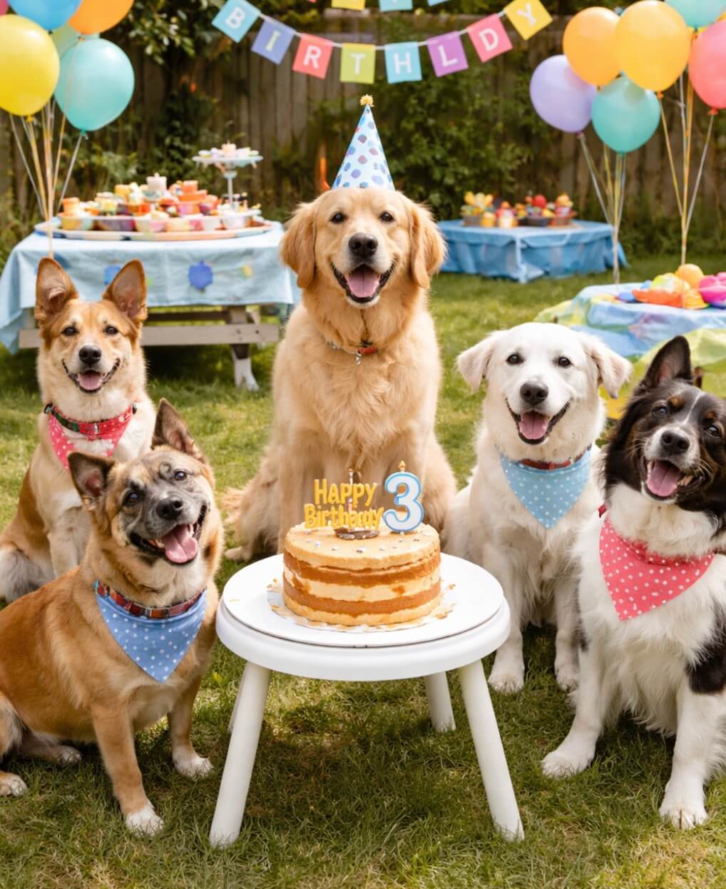Five happy dogs wearing party hats and bandanas sit around a table with a birthday cake that says “Happy Birthday 3.” The background features balloons, decorations, and party food in a backyard setting.