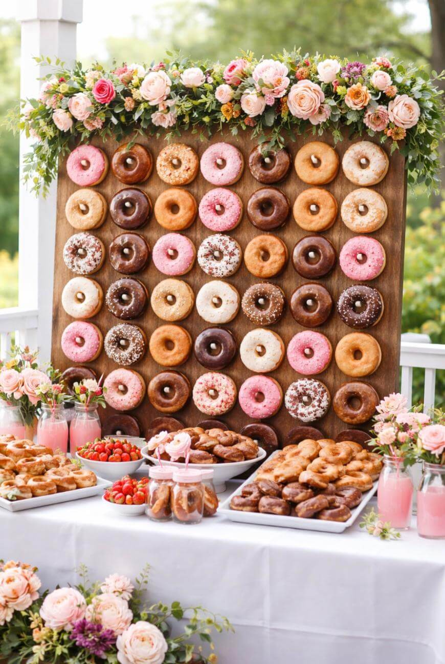 A decorative donut wall with rows of assorted donuts in pink, chocolate, and plain flavors, adorned with flowers on top. Below, a table displays pastries, pink drinks, and strawberries, surrounded by floral arrangements.