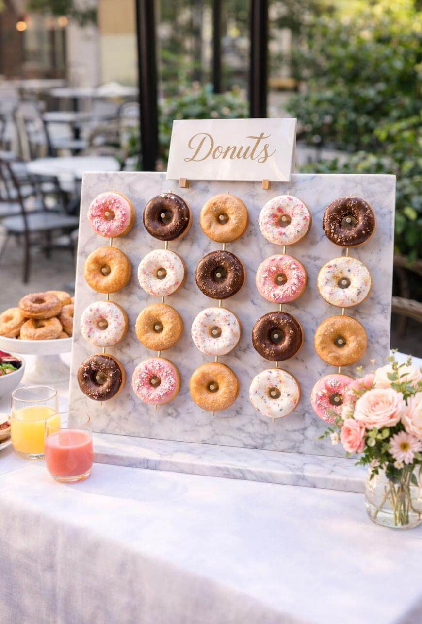 A display board holds rows of assorted donuts with colorful icing and sprinkles. The sign on top reads “Donuts.” Nearby are glasses of juice, flowers, and stacked plates, set on a table with a white tablecloth.