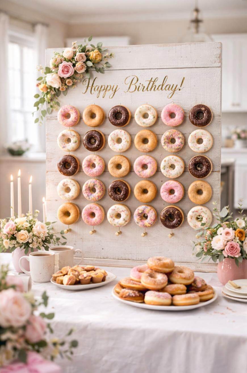 A birthday display features a white wooden board with “Happy Birthday!” and rows of colorful donuts. Flowers decorate the board and table, which also holds donuts, pastries, candles, teacups, and floral arrangements.