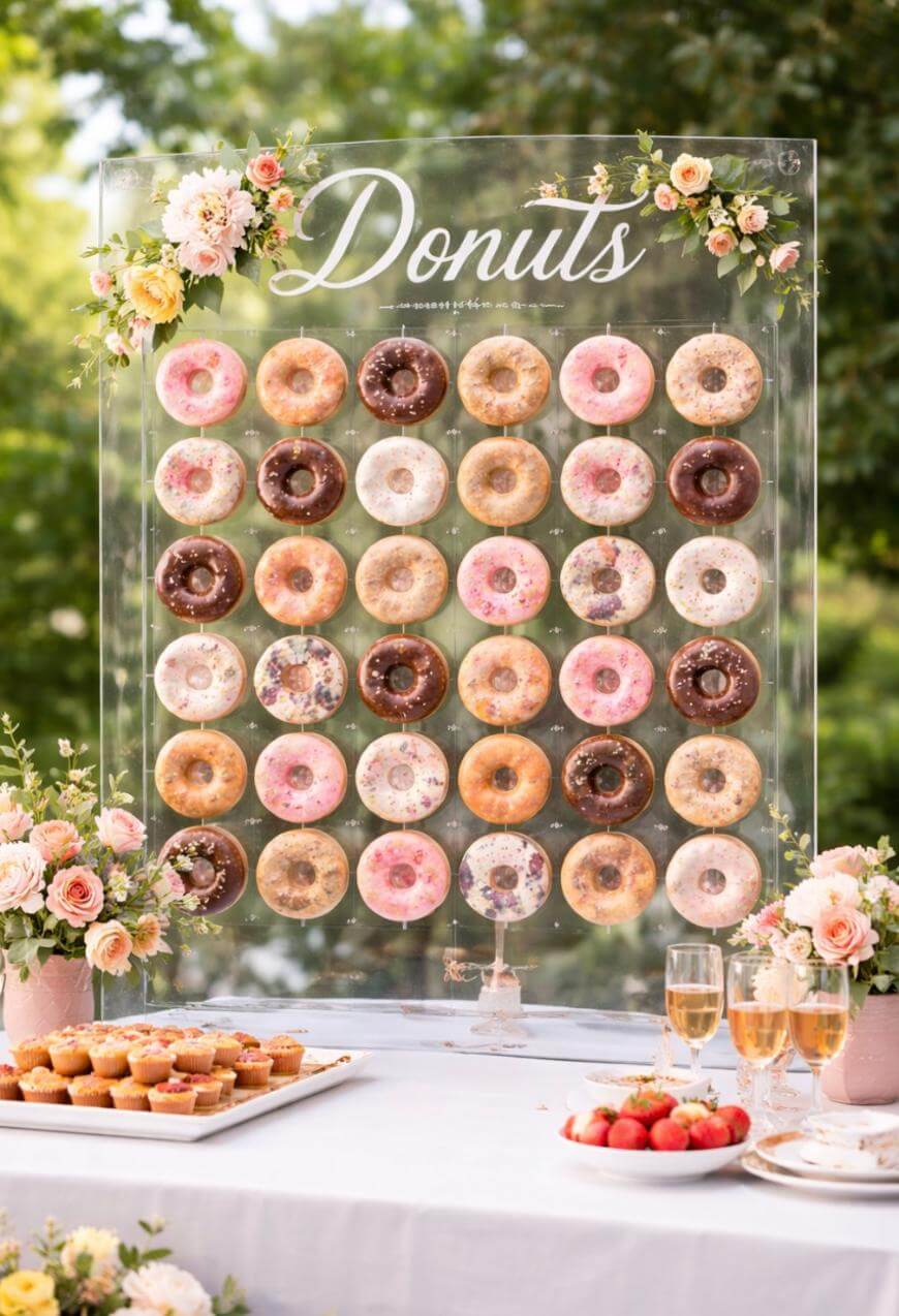 A clear donut wall display decorated with flowers holds rows of assorted donuts. On the table below are pastries, strawberries, floral arrangements, and glasses of champagne, set outdoors with greenery in the background.