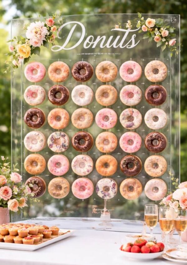 A clear acrylic donut wall with the word “Donuts” at the top, displaying rows of assorted donuts. The wall is decorated with flowers at the corners and set on a table with pastries, strawberries, and glasses of champagne.