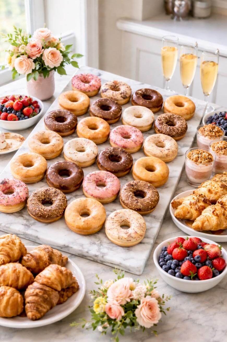 A marble table set with assorted donuts, croissants, parfaits, fresh berries, and glasses of champagne, decorated with vases of pastel flowers in a bright, elegant setting.