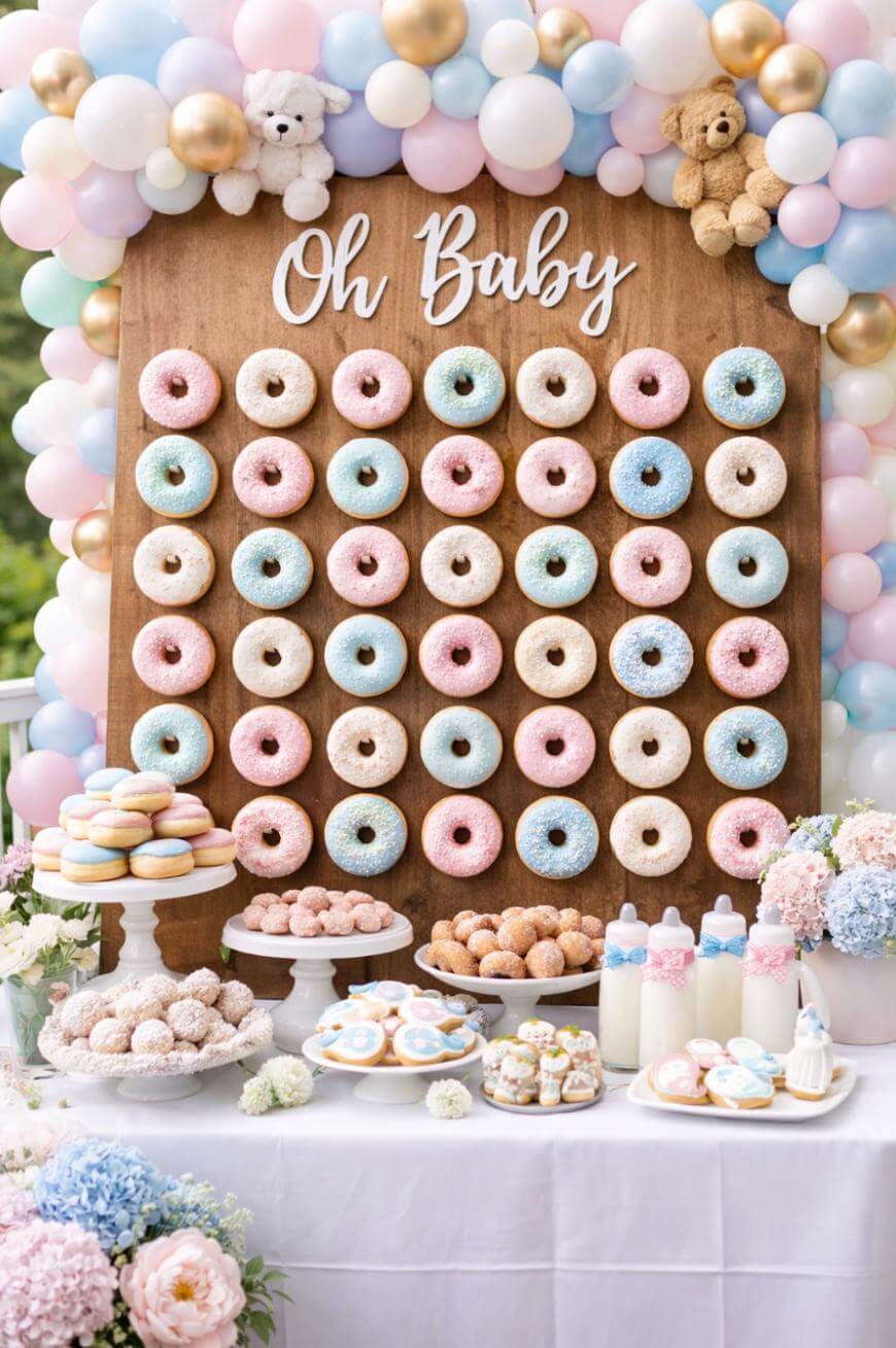 A donut wall with pastel pink, blue, and white donuts under a sign reading Oh Baby, surrounded by balloons and teddy bears, with a table below featuring assorted pastries, flowers, and baby bottles.