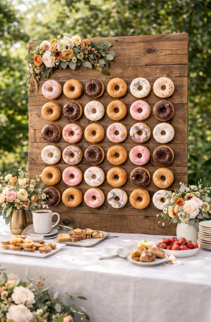 A wooden wall decorated with rows of assorted donuts, some plain, some frosted, stands behind a table with flowers, teacups, pastries, and plates, set outdoors with greenery in the background.