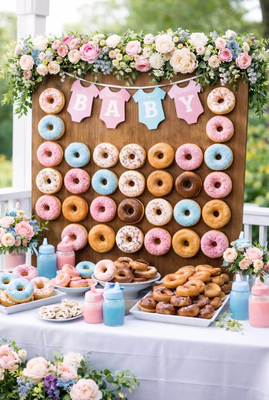 A table with donuts and baby bottles.