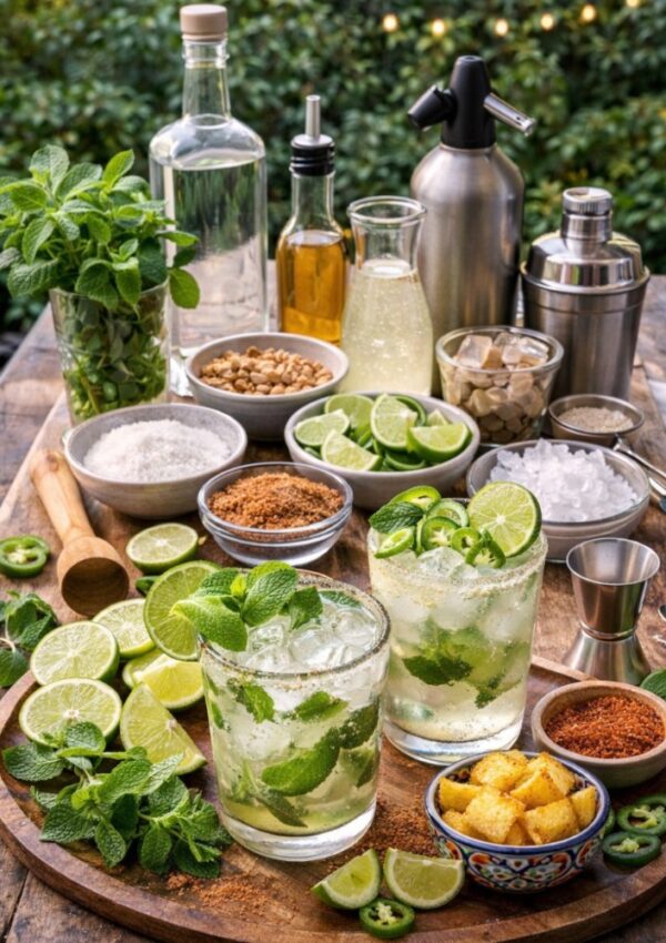 A wooden table displays mojitos garnished with lime and mint, surrounded by fresh mint, lime slices, sugar, nuts, bottles, a shaker, a soda siphon, and various cocktail ingredients and tools. Outdoor greenery is in the background.