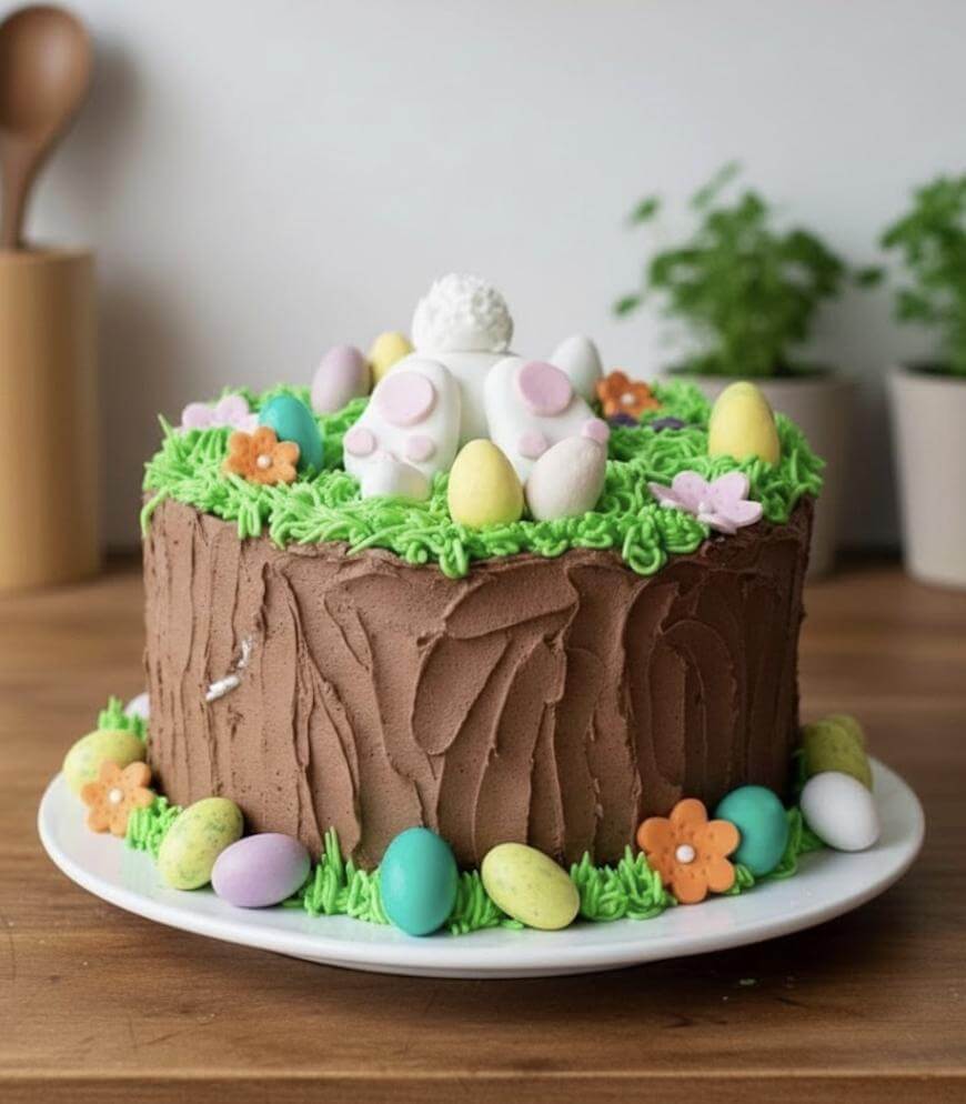 A round cake decorated to look like a tree trunk with green icing “grass,” candy eggs, and colorful flowers. On top, a rabbit made of icing appears to be diving into the grass with its feet and tail visible.