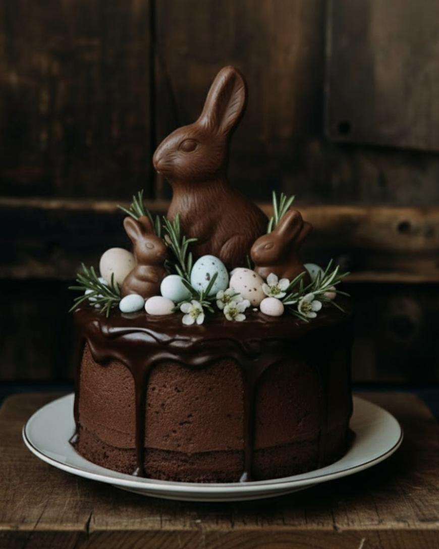 A chocolate cake with dark chocolate ganache, topped with chocolate bunnies, speckled candy eggs, green sprigs, and small white flowers. The cake is set on a white plate against a rustic wooden background.