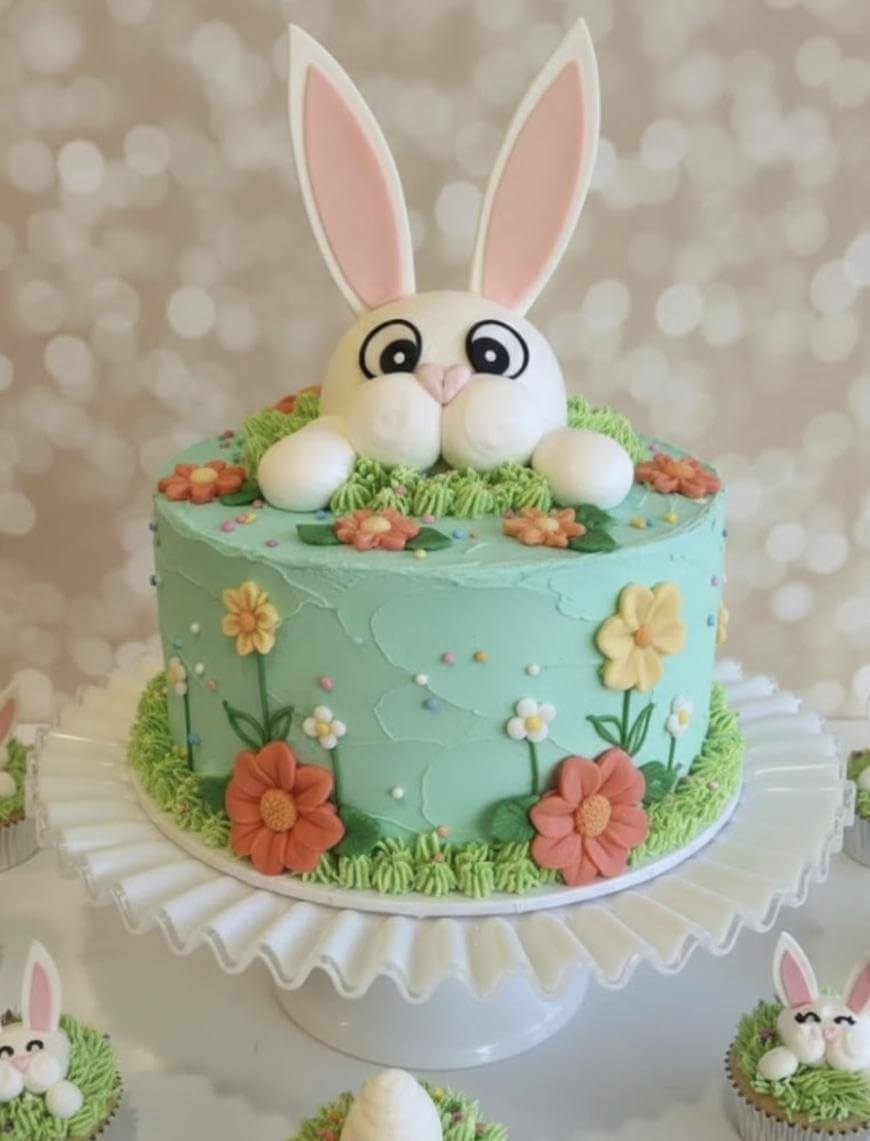 A pastel green cake decorated with colorful fondant flowers and green icing grass, featuring a cute bunny with big eyes and long ears peeking out from the top. The cake is displayed on a white stand.