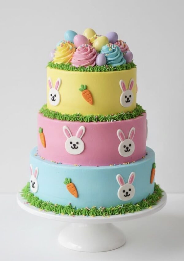 A three-tiered cake decorated with pastel colors, featuring bunny faces and carrots on each layer, topped with swirled frosting and colorful egg-shaped candies, displayed on a white cake stand.