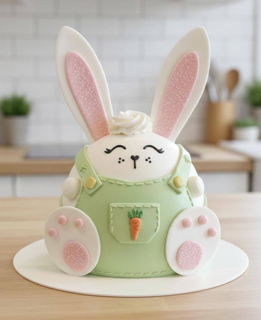 A round cake decorated like a cute bunny wearing green overalls with a small carrot in the pocket, featuring large pink ears, closed eyes, and pink paw prints, sitting on a kitchen counter.