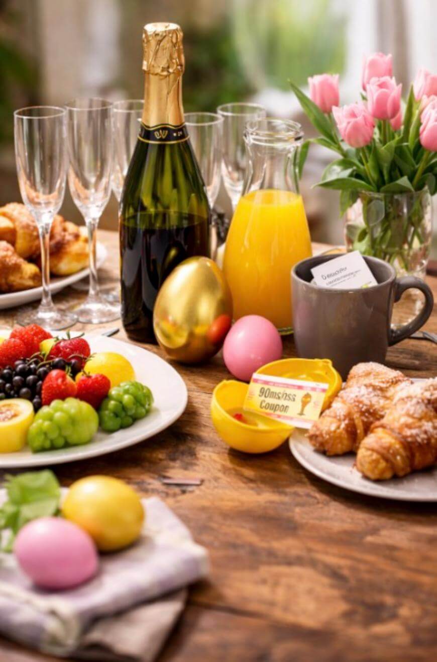 A festive brunch table with champagne, orange juice, croissants, fruit, tulips, and Easter eggs. Open eggs reveal a coupon and a note in a mug. Four empty champagne flutes are in the background.