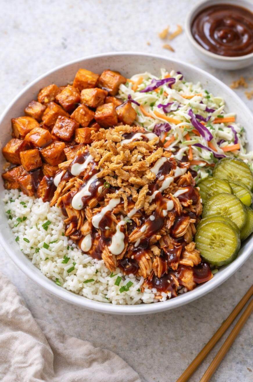 A bowl filled with rice, shredded BBQ chicken topped with crispy onions and sauces, roasted sweet potatoes, coleslaw, and sliced pickles. A small bowl of BBQ sauce is in the background.