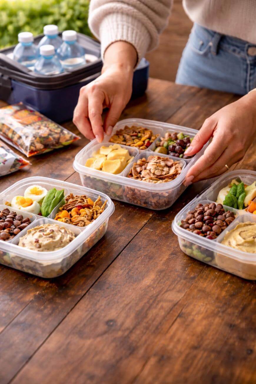 A person packs meal prep containers with snacks like eggs, beans, nuts, and hummus on a wooden table. Bottled water and food packets are nearby.