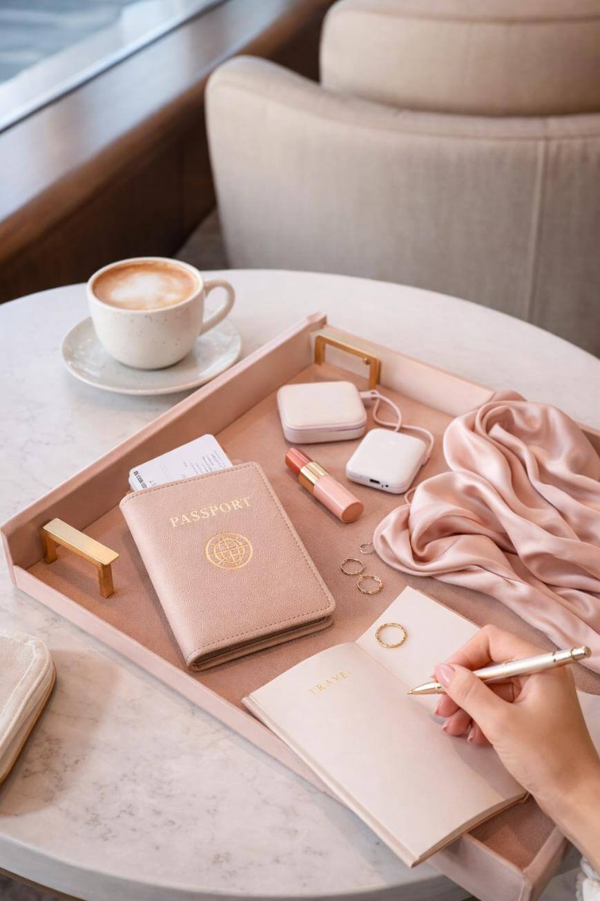 A person writes in a travel notebook on a round table with a tray holding a pink passport, boarding pass, lipstick, earbuds, jewelry, a silk scarf, and a cup of coffee.