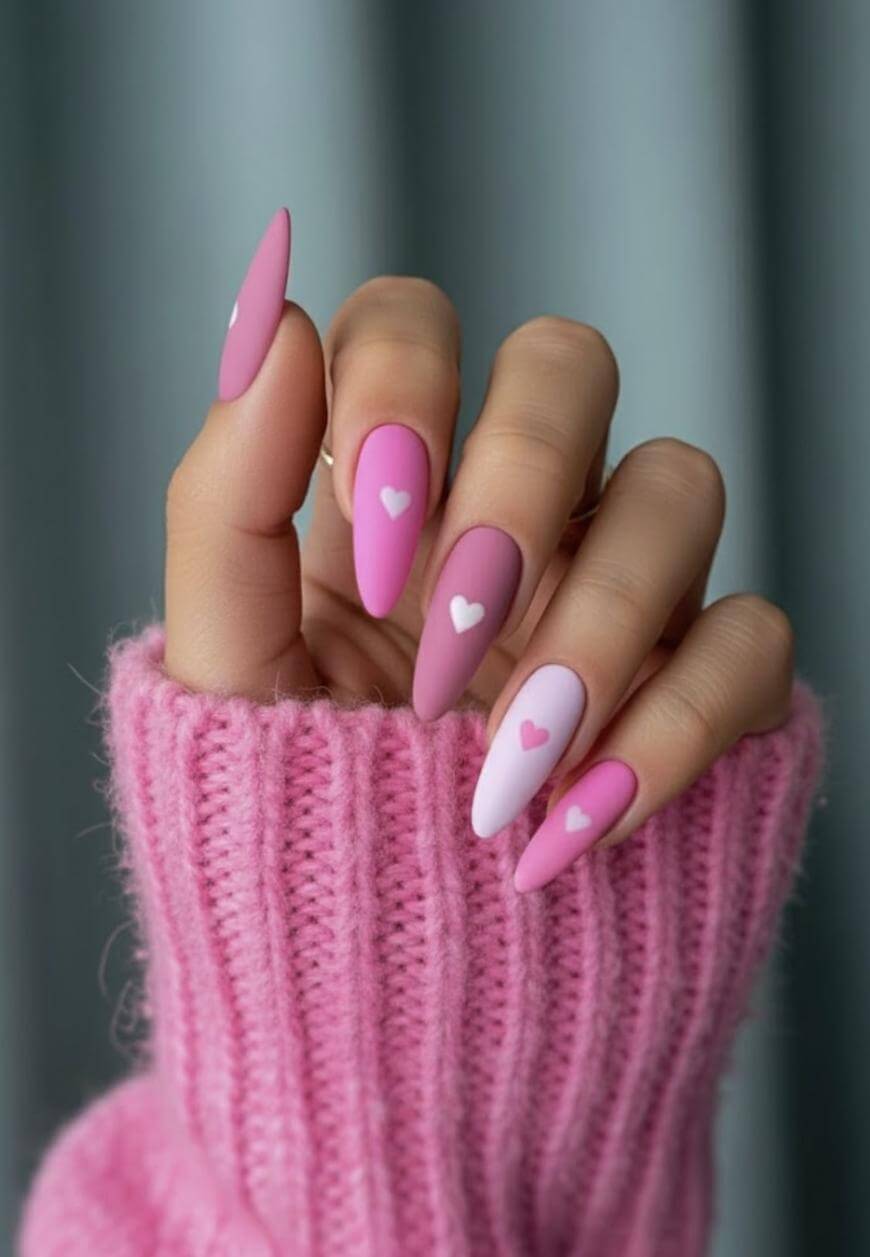 A hand with long, almond-shaped nails painted in shades of pink with small white heart designs, wearing a pink knitted sweater against a blurred gray background.
