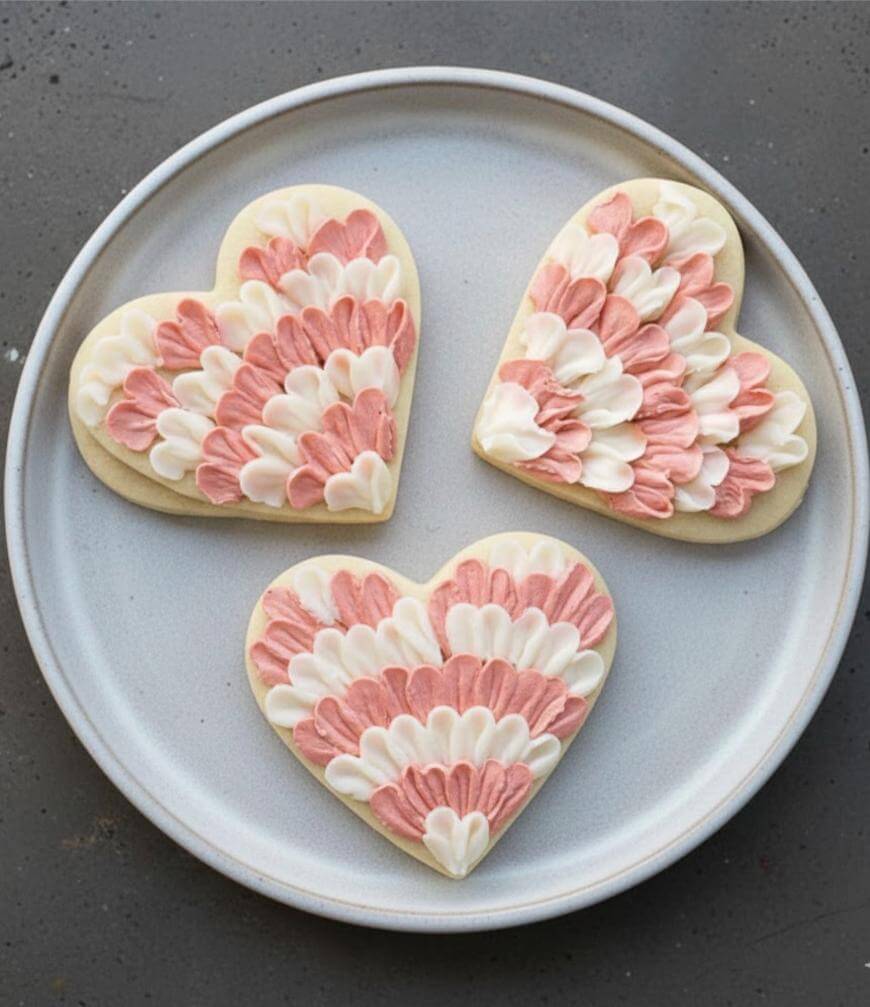 Three heart-shaped cookies on a plate, decorated with pink and white icing in a feathered, scalloped pattern. The cookies are evenly spaced on a light gray ceramic plate.