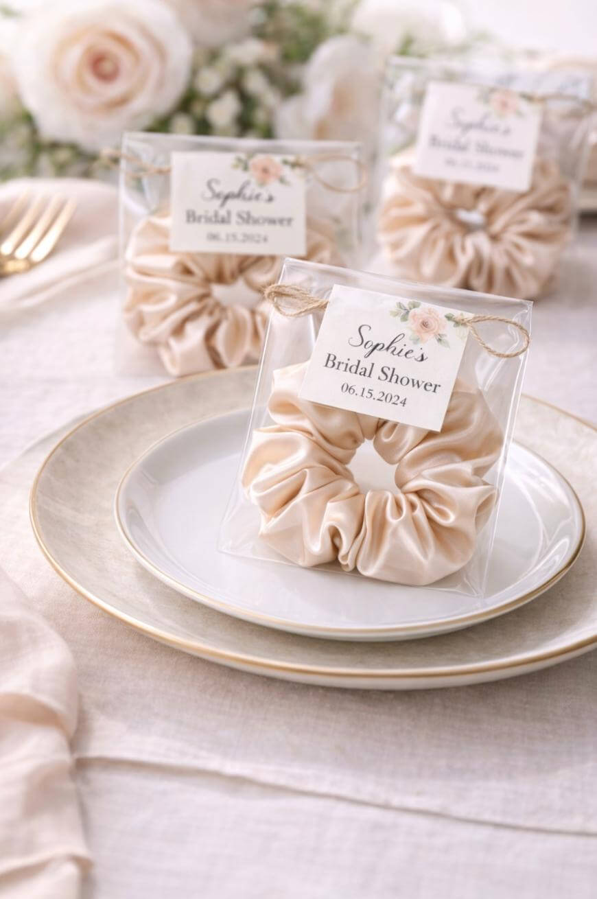 A cream-colored scrunchie in clear packaging sits on a white plate with gold trim. The label reads Sophies Bridal Shower 06.15.2024. More similarly packaged scrunchies and flowers are in the background.