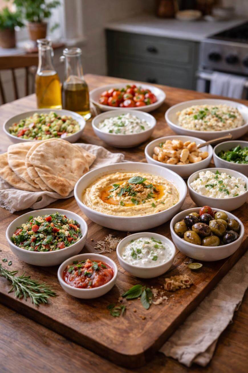 A wooden board filled with Mediterranean dishes, including pita bread, hummus, olives, tabbouleh, tzatziki, diced cucumbers, tomato salad, feta cheese, and bottles of olive oil, set in a cozy kitchen.