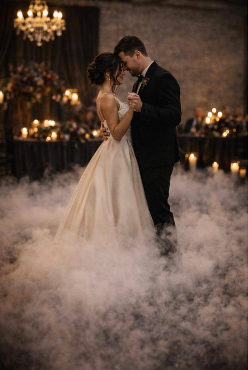 A bride and groom share a romantic first dance on a cloud-like floor surrounded by soft fog, with warm candlelight and a chandelier adding an intimate glow to the elegant, dimly lit wedding reception.