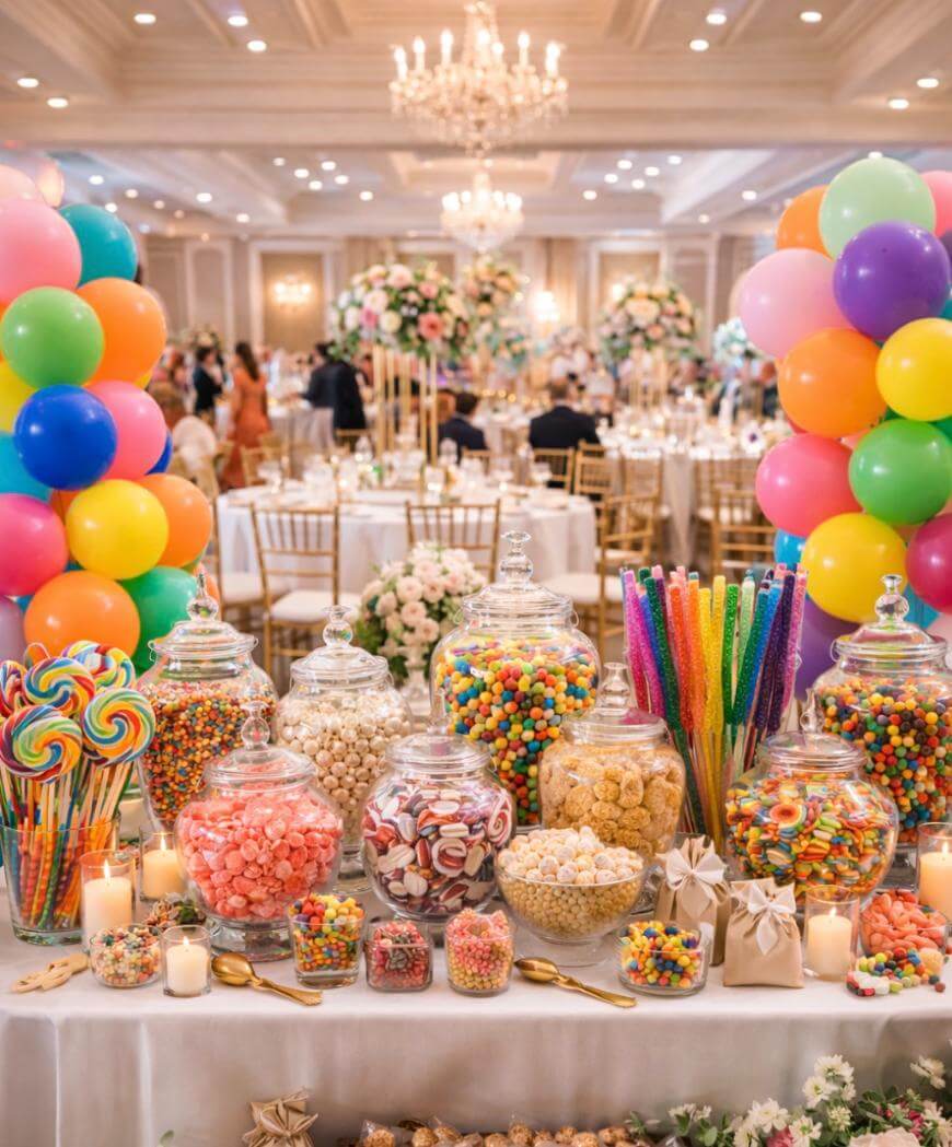 A colorful candy buffet at an elegant event, with jars of assorted candies, lollipops, and sweets on a decorated table. Surrounding are balloons, candles, and tables set for a formal celebration in a grand banquet hall.