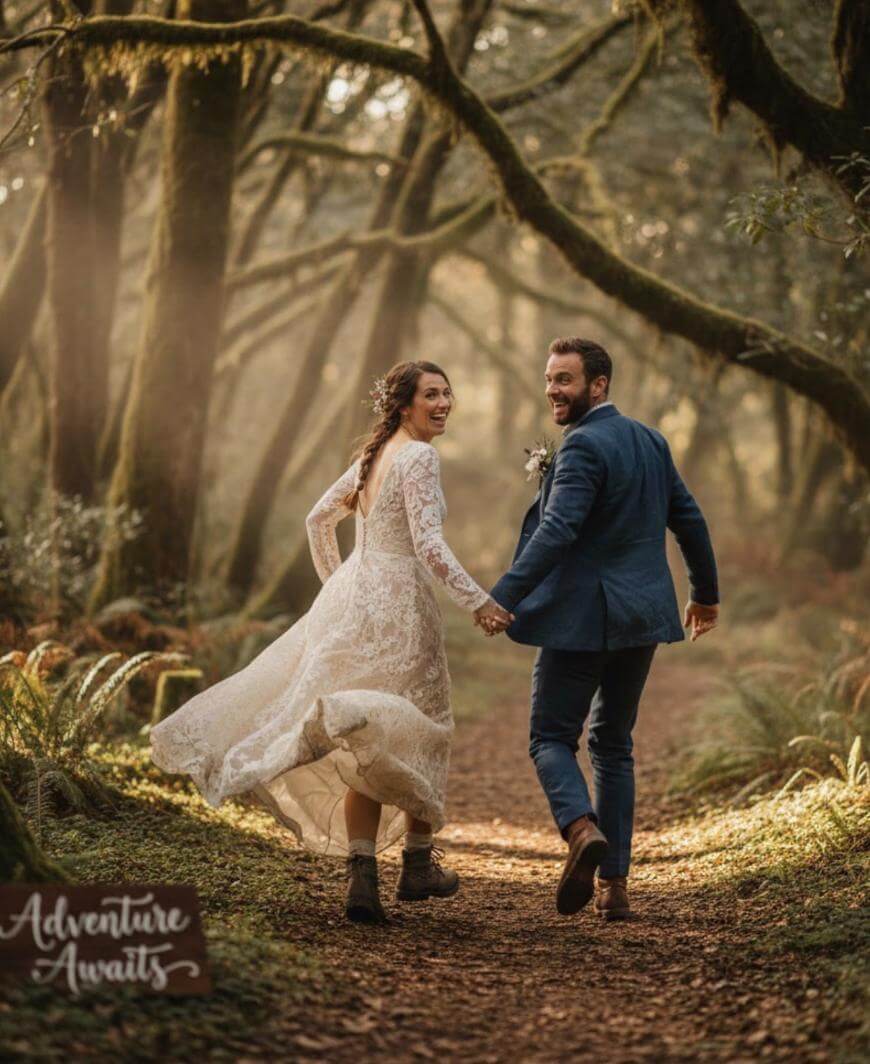 A bride in a lace gown and boots holds hands with a groom in a blue suit as they walk down a forest path, both smiling back. Sunlight filters through mossy trees. A wooden sign reads Adventure Awaits.