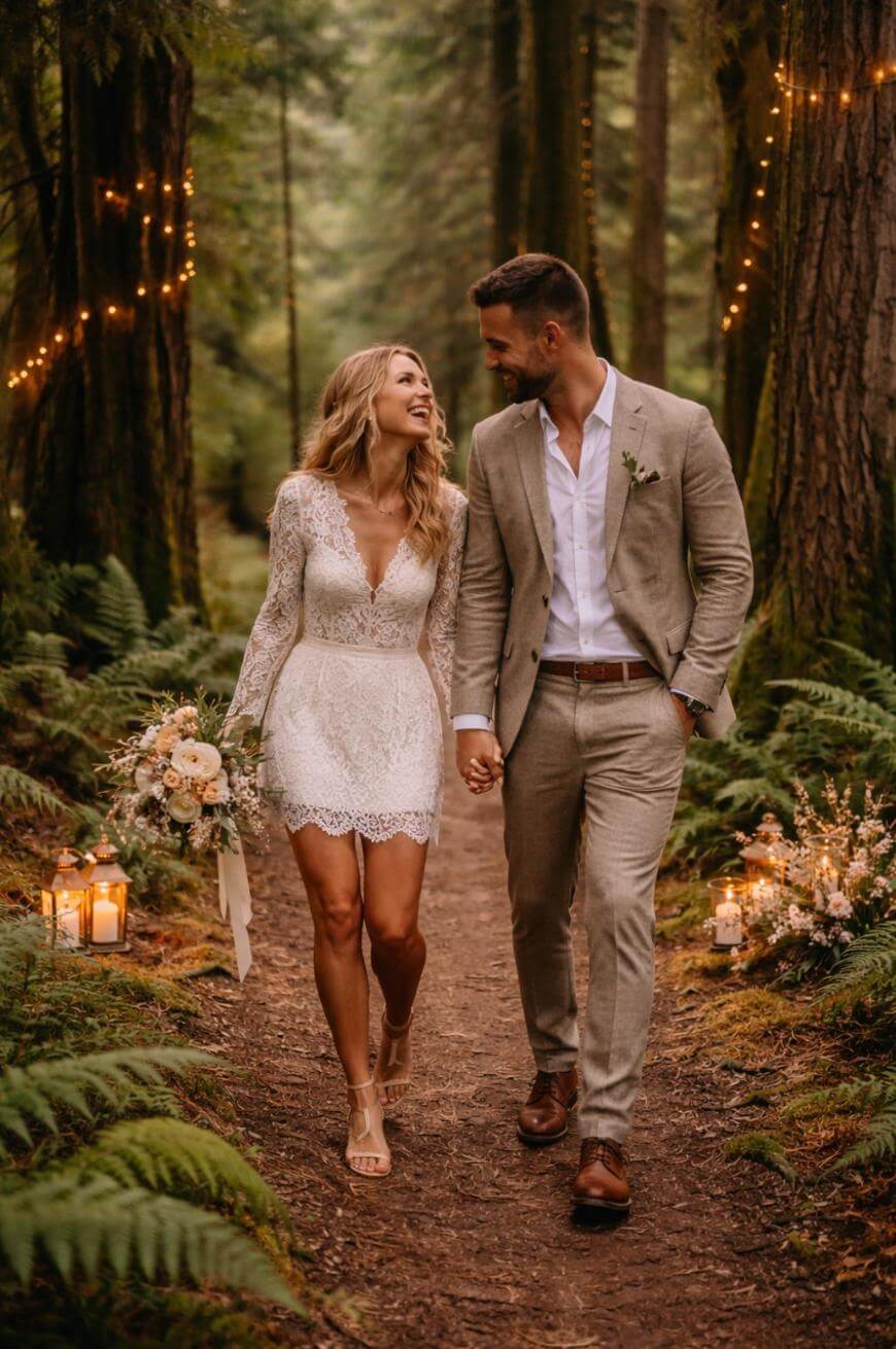 A bride and groom walk hand in hand along a forest path decorated with string lights and candles. The bride wears a lace dress and holds a bouquet; the groom wears a light suit. Both are smiling at each other.