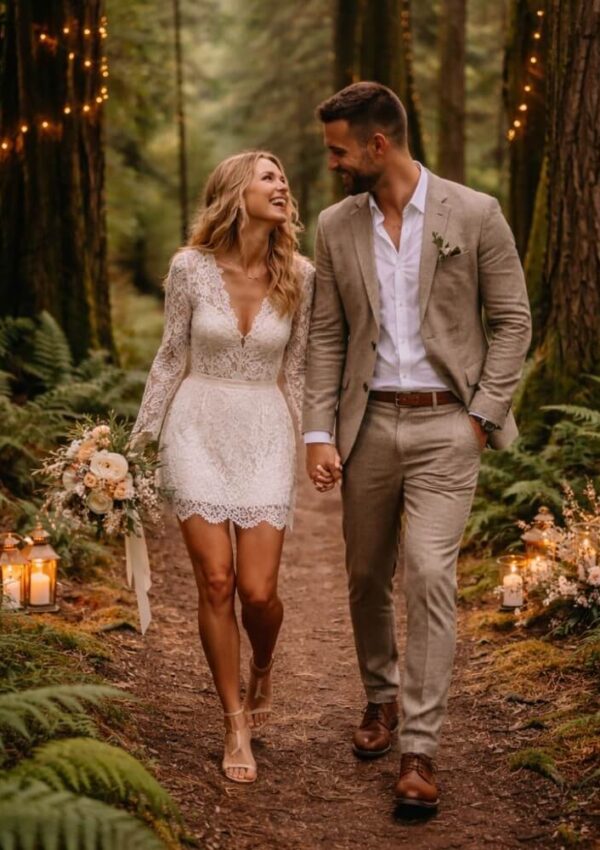 A couple dressed in wedding attire walks hand in hand through a forest decorated with string lights and candles; the bride wears a short lace dress and holds a bouquet, while the groom wears a tan suit.