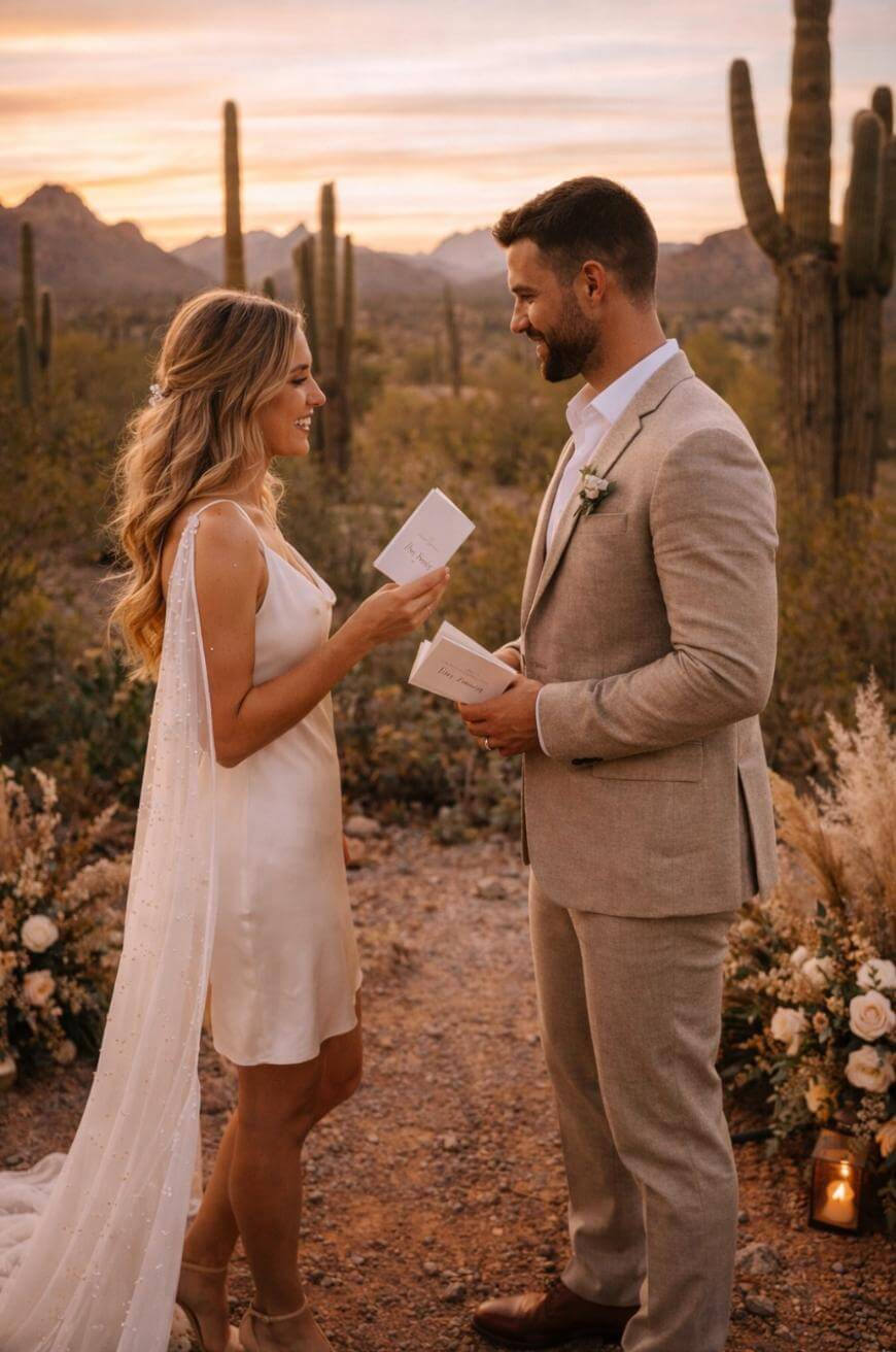 A bride and groom stand facing each other outdoors in a desert landscape at sunset, holding vow booklets and smiling. Cacti and wedding flowers surround them. The bride wears a white dress; the groom wears a light beige suit.