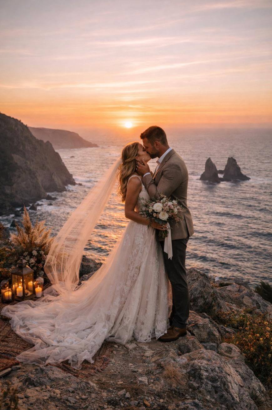A bride and groom embrace on a rocky cliff at sunset, overlooking the ocean. The bride wears a long white dress and veil, holding a bouquet. Lanterns and flowers decorate the foreground, with dramatic cliffs and sea stacks in the background.