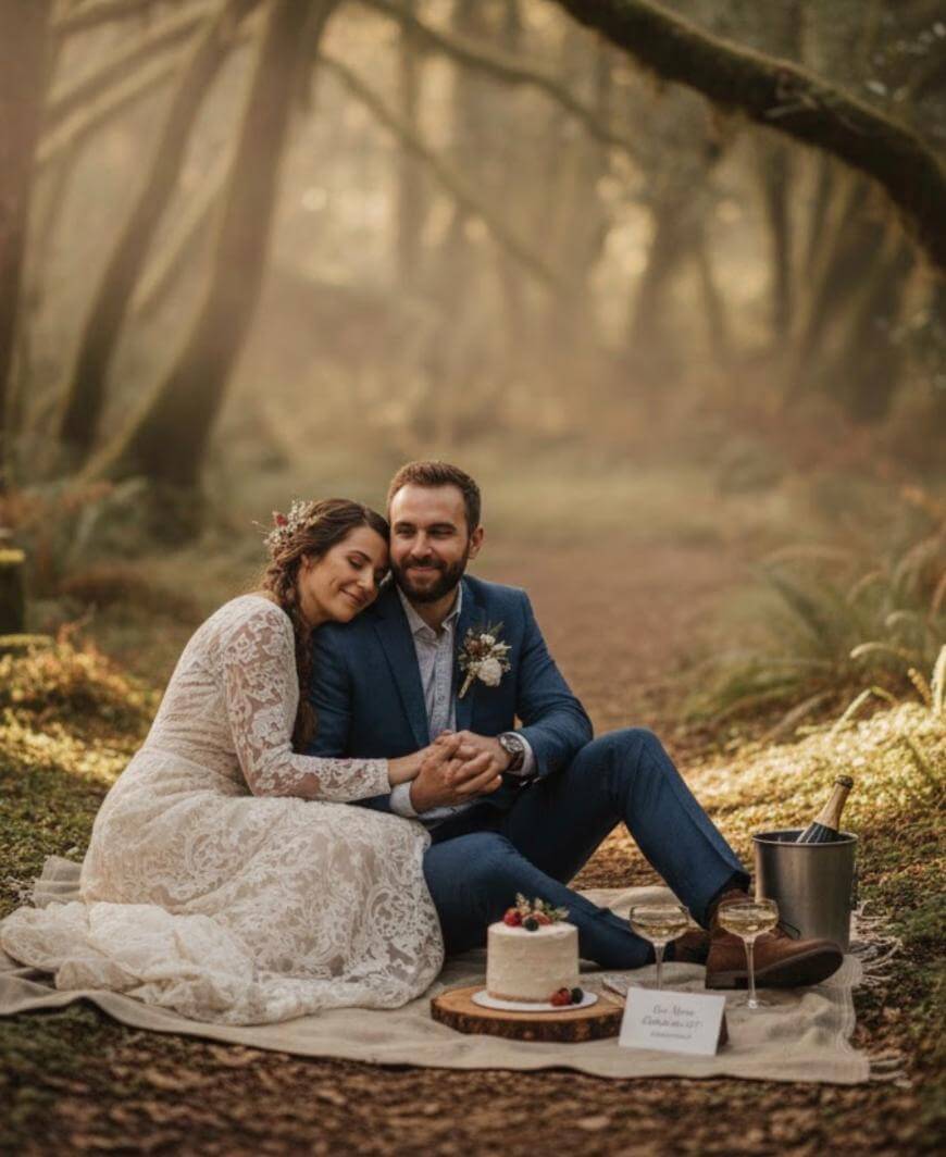 A bride in a lace dress and a groom in a blue suit sit on a blanket in a forest, holding hands and smiling beside a small wedding cake, wine glasses, and a champagne bucket. Sunlight filters through the trees.
