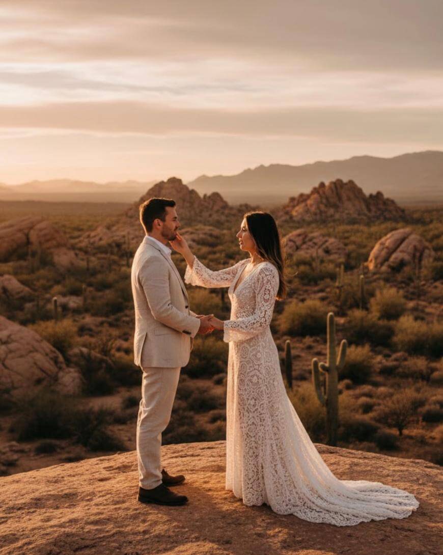 A bride and groom stand facing each other on a rocky desert landscape at sunset. The bride wears a long lace dress, and the groom wears a light suit. They hold hands amid cacti and distant mountains.
