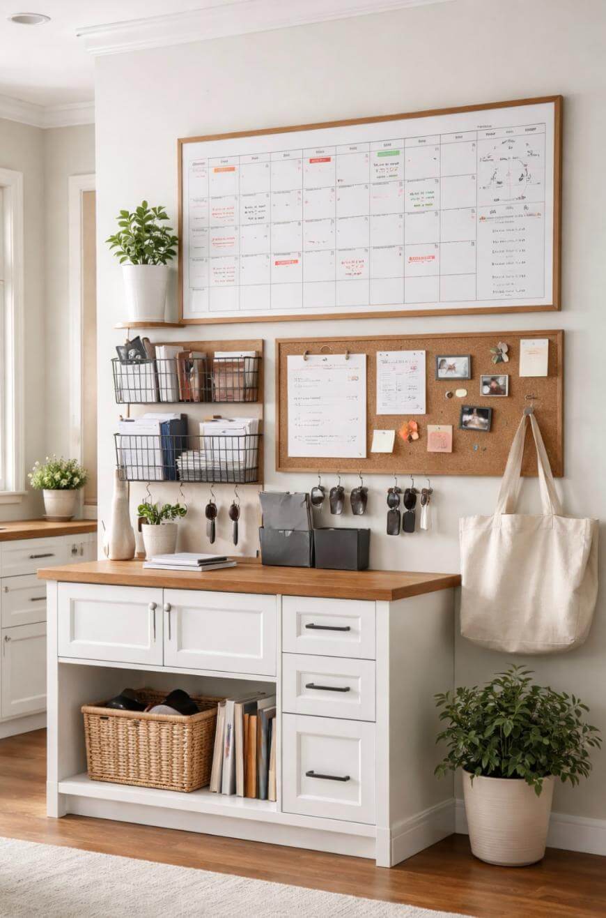 A bright, organized home workspace with a countertop, drawers, wall-mounted baskets, a corkboard with notes, and a large calendar. A tote bag hangs on a hook, and green plants add a fresh touch.
