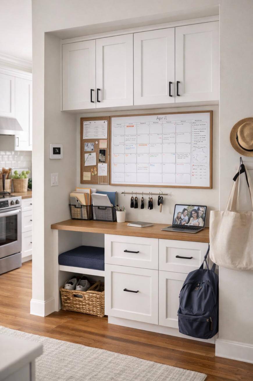 A tidy home command center with white cabinets, a wooden countertop, an organized bulletin board and calendar, file trays, a family photo frame, a backpack, a basket, and kitchen area visible to the left.