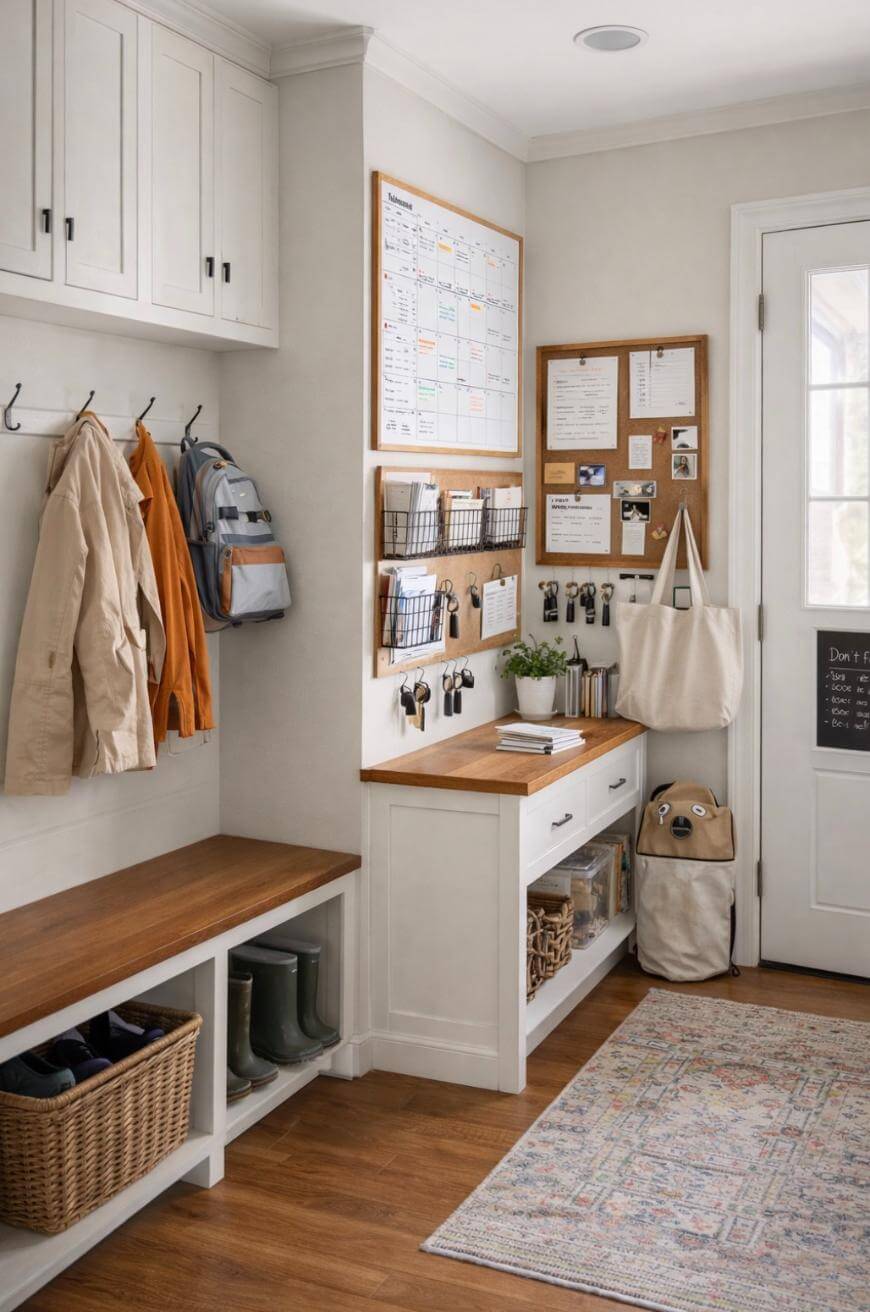 A tidy mudroom features a wooden bench, hanging coats and backpacks, storage baskets, a rug, and an organized command center with calendars, corkboards, and wall-mounted organizers above a cabinet and countertop.