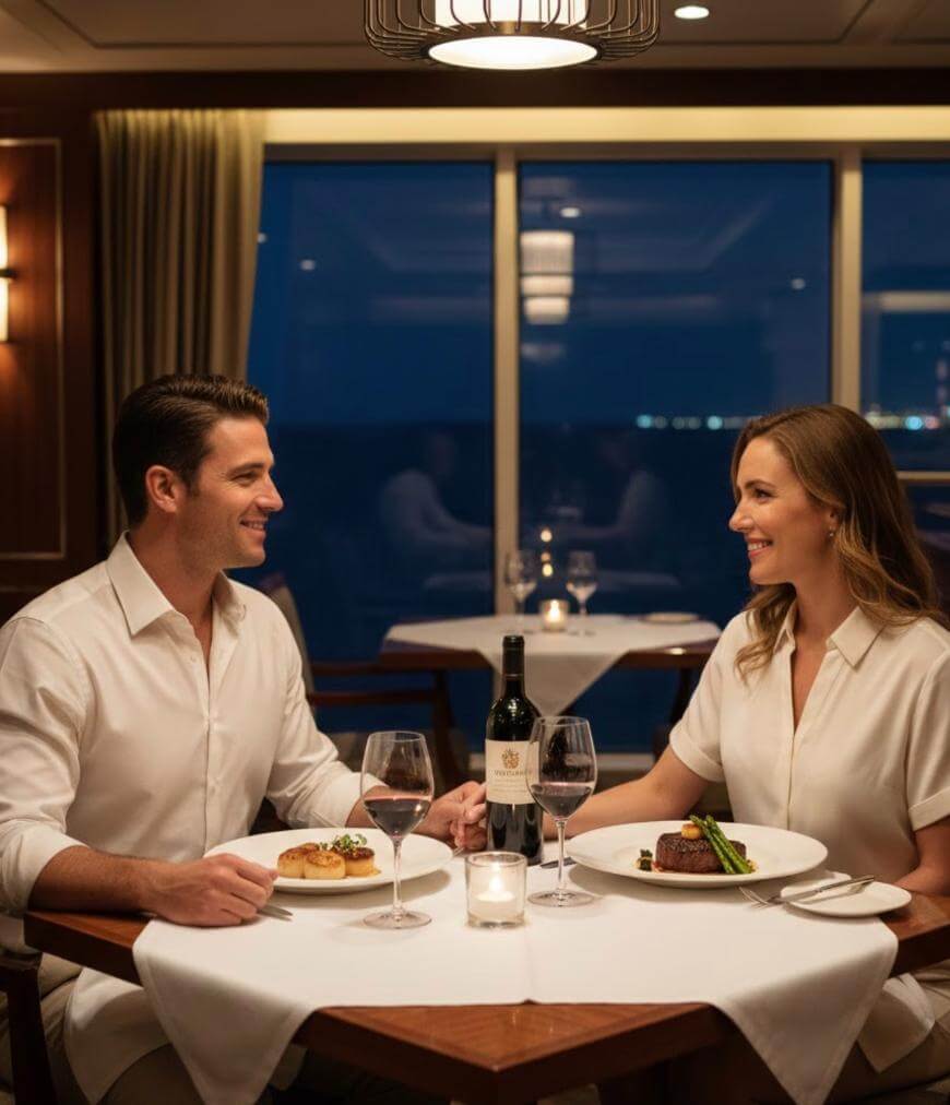A smiling couple dressed in white sits at a candlelit table in an elegant restaurant, enjoying wine and gourmet food with a nighttime ocean view through large windows behind them.
