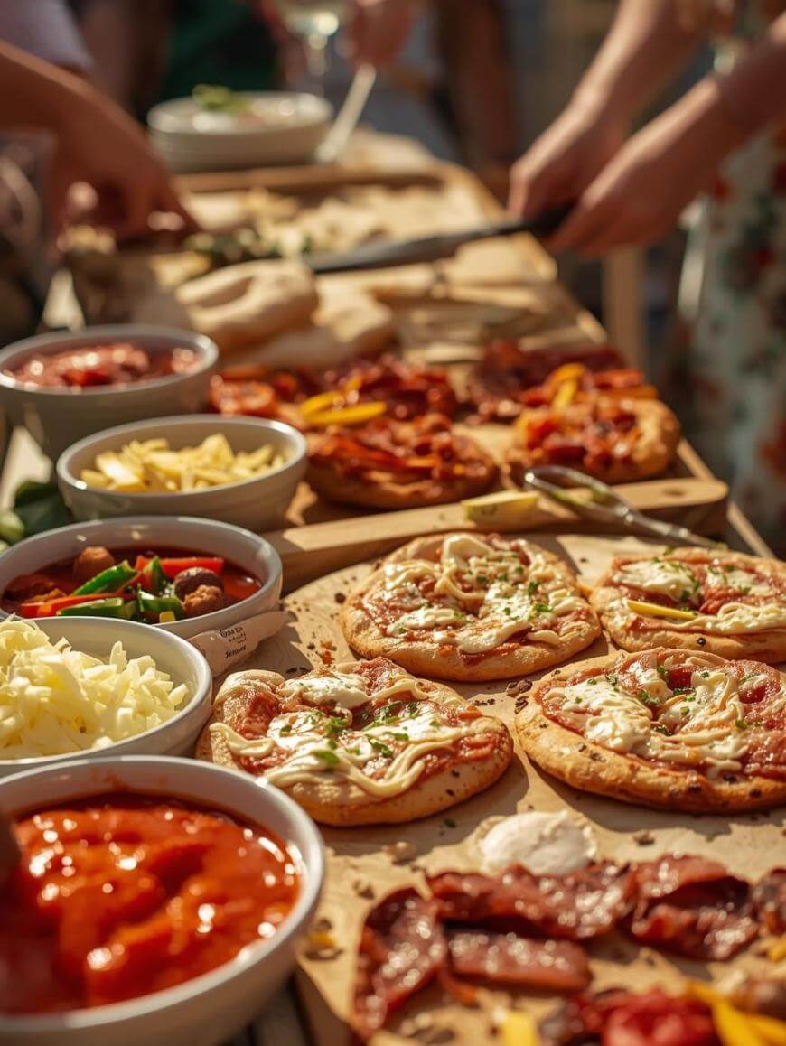 A variety of small pizzas with assorted toppings are arranged on a table, surrounded by bowls of ingredients like cheese, tomato sauce, and sliced vegetables. Several people are preparing and serving food in the background.