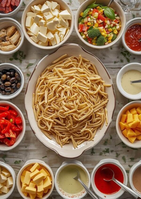 A large bowl of cooked pasta surrounded by small bowls of toppings including vegetables, cheeses, sauces, olives, and diced meats, all arranged on a light-colored table.