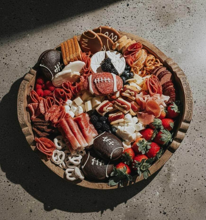A round wooden platter arranged with meats, cheeses, crackers, pretzels, and fruit. Some items are shaped and decorated like footballs and a football field, creating a sports-themed charcuterie board.