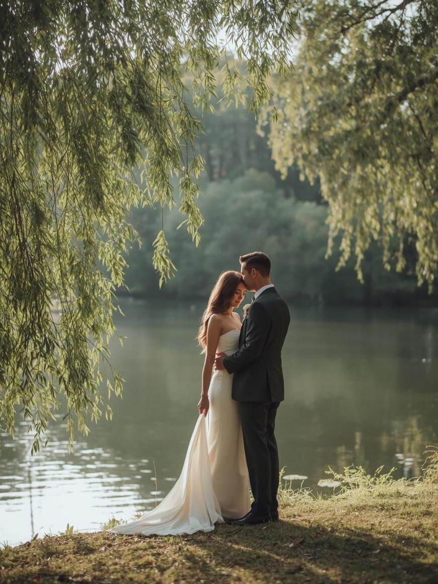 A bride and groom embrace by a peaceful lake, surrounded by lush greenery and overhanging tree branches, with soft sunlight casting a romantic glow over the scene.